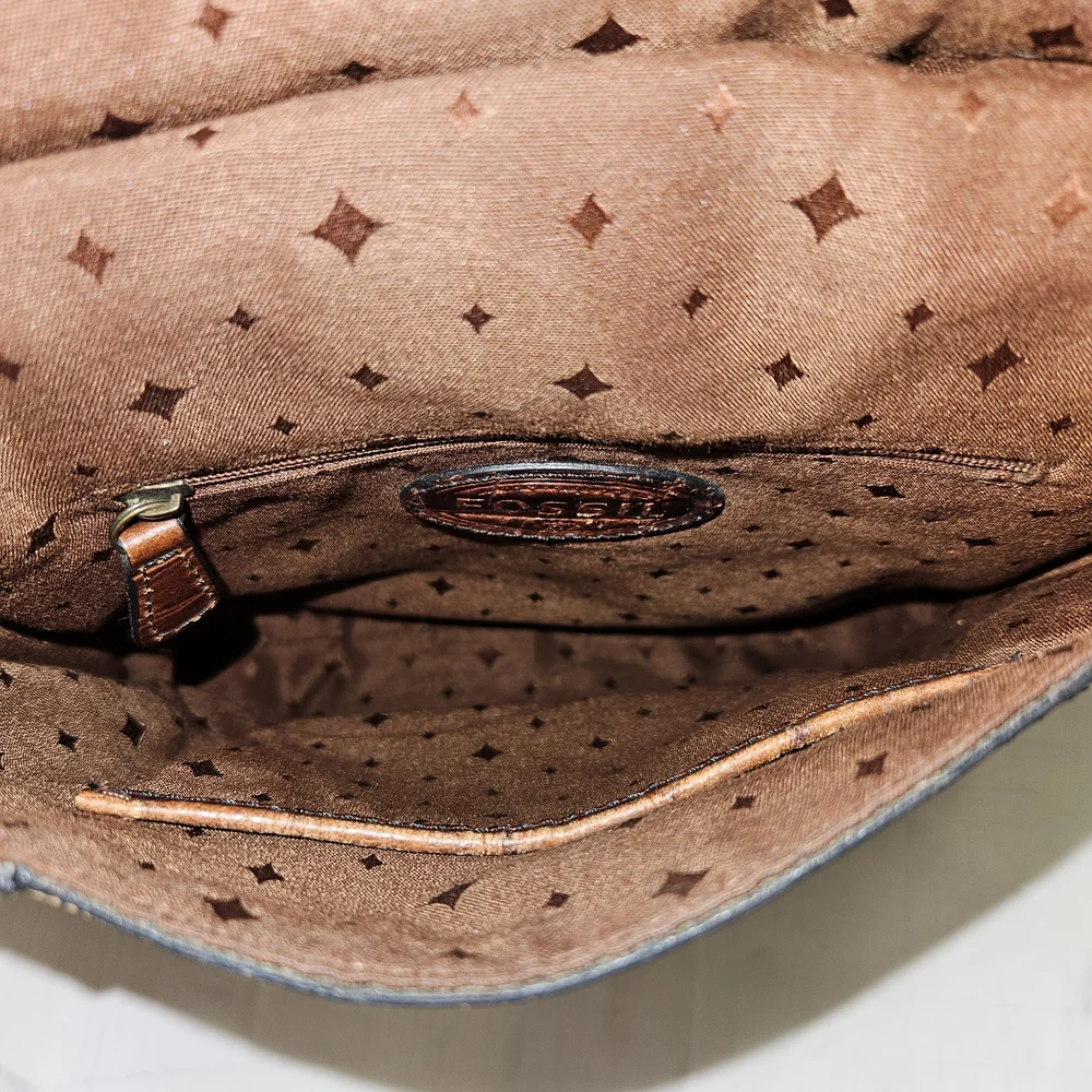 Fossil Croc-Embossed Brown Leather Satchel